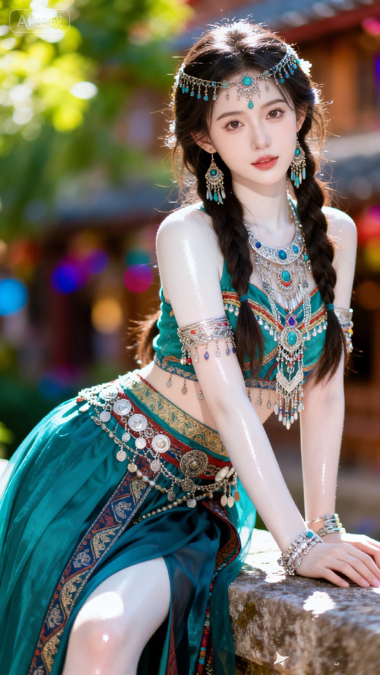 真人写真，女孩长相精致，肌肤瓷白细腻透亮，泛着莹润光泽，脸部写实自然。身着华丽异