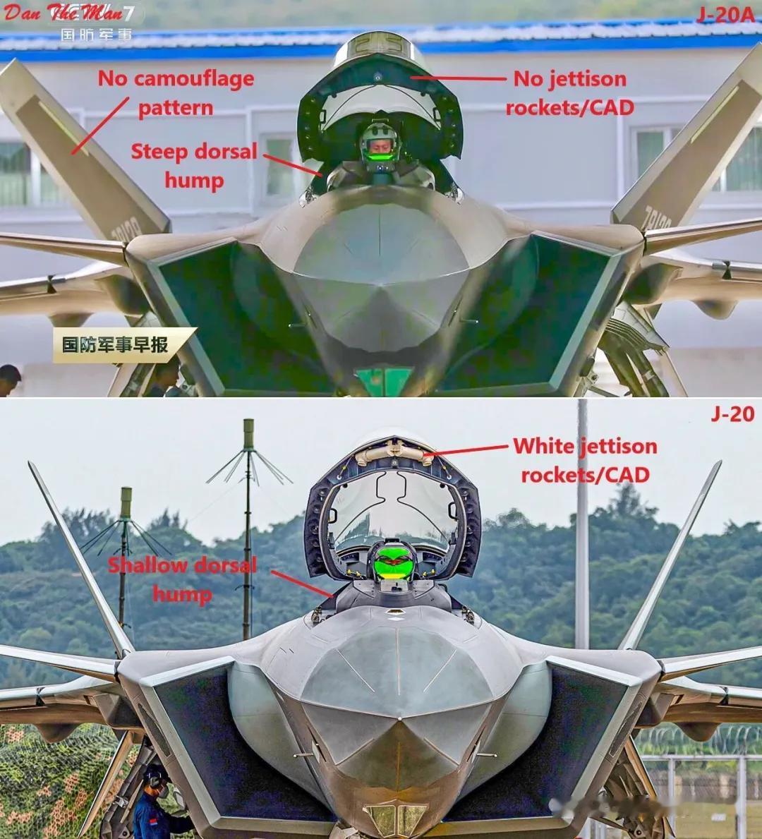 歼-20A和歼-20的对比，细节上有明显的不同！上面的是歼-20A，外观涂层上