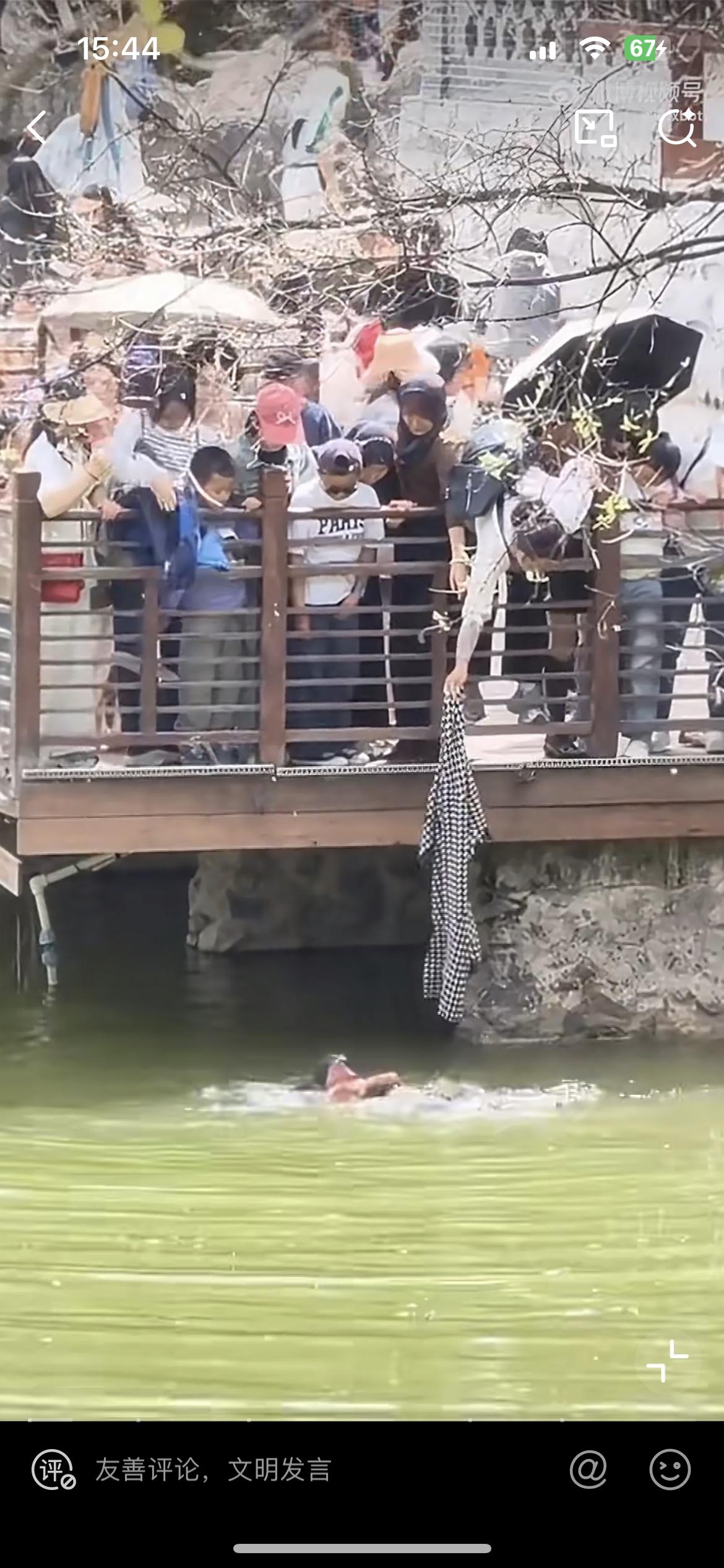 西安兴庆公园一对母子掉到湖里，在水中挣扎，公园的游客用衣服救人。看了一下，湖边的