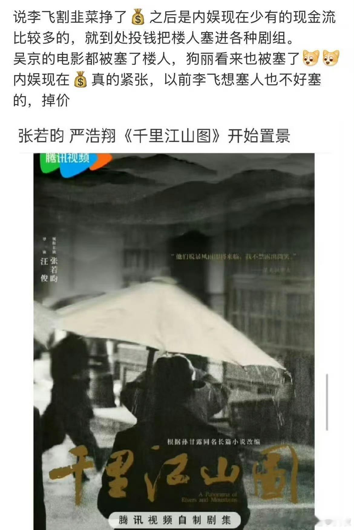 真服了这意思没有李飞给带资进组千里江山图还开不起来了？？？[？？？]不过新丽
