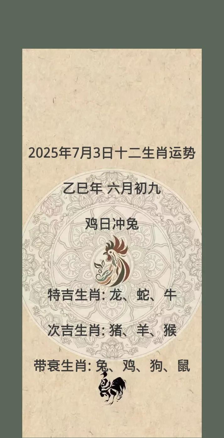 2025年7月3日十二生肖运势乙巳年六月初九鸡日冲兔特吉生肖:龙、蛇、
