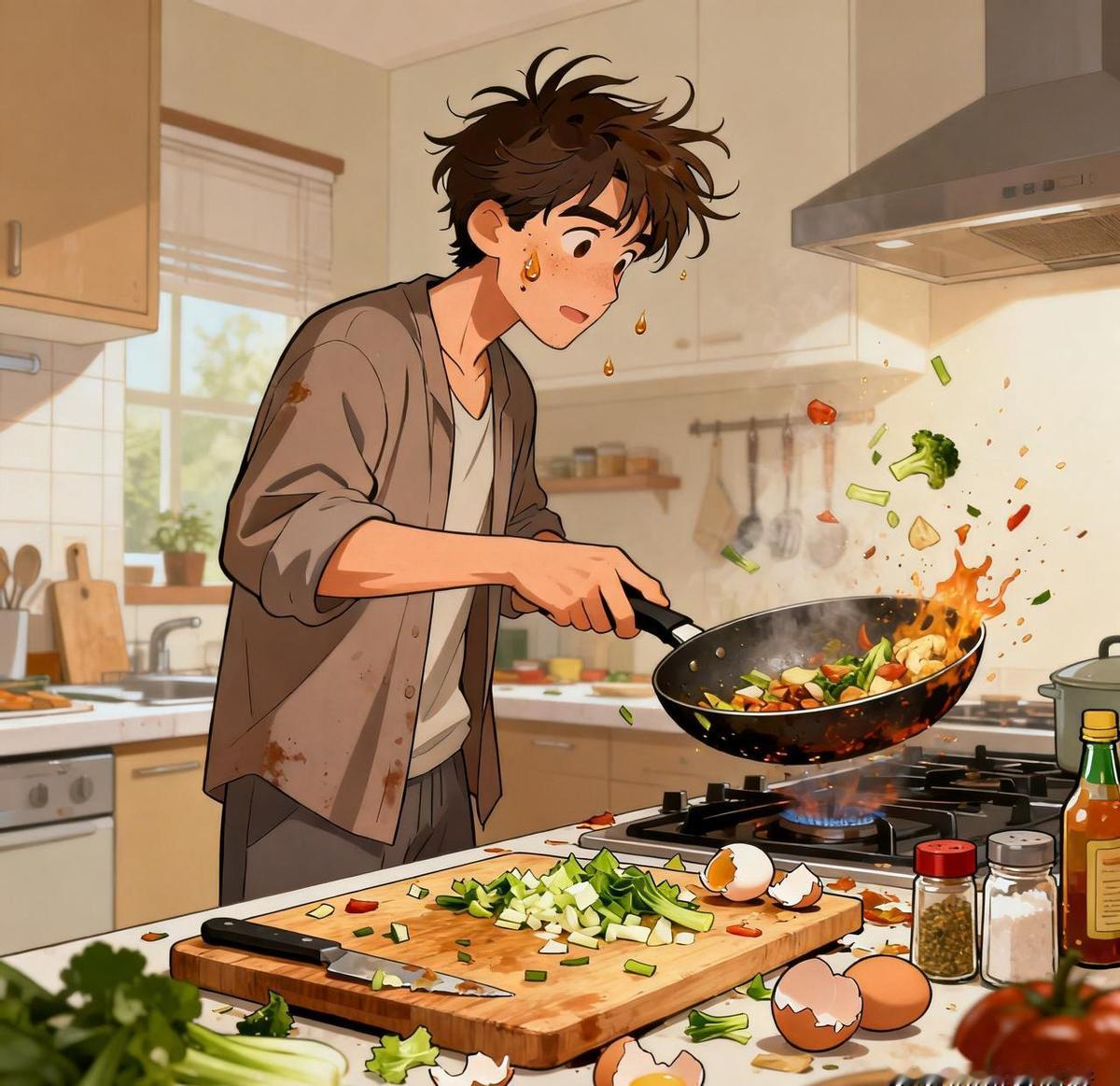 厨房里男人煮个饭，比女人还忙活。调料在哪？锅在哪？菜放哪？一连串问题接踵