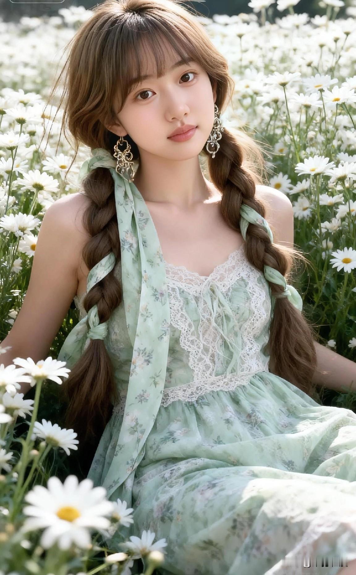 在花海中，少女与自然相融，梦幻而唯美。自然清新美少女