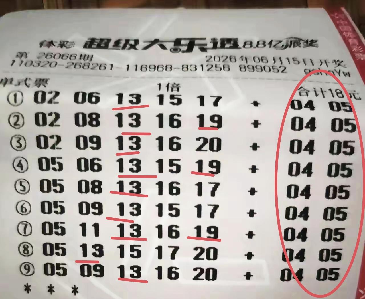 这张彩票厉害吧，总共就9注标准单注彩票，只花了18元钱，因为成功精准锁定后区两个