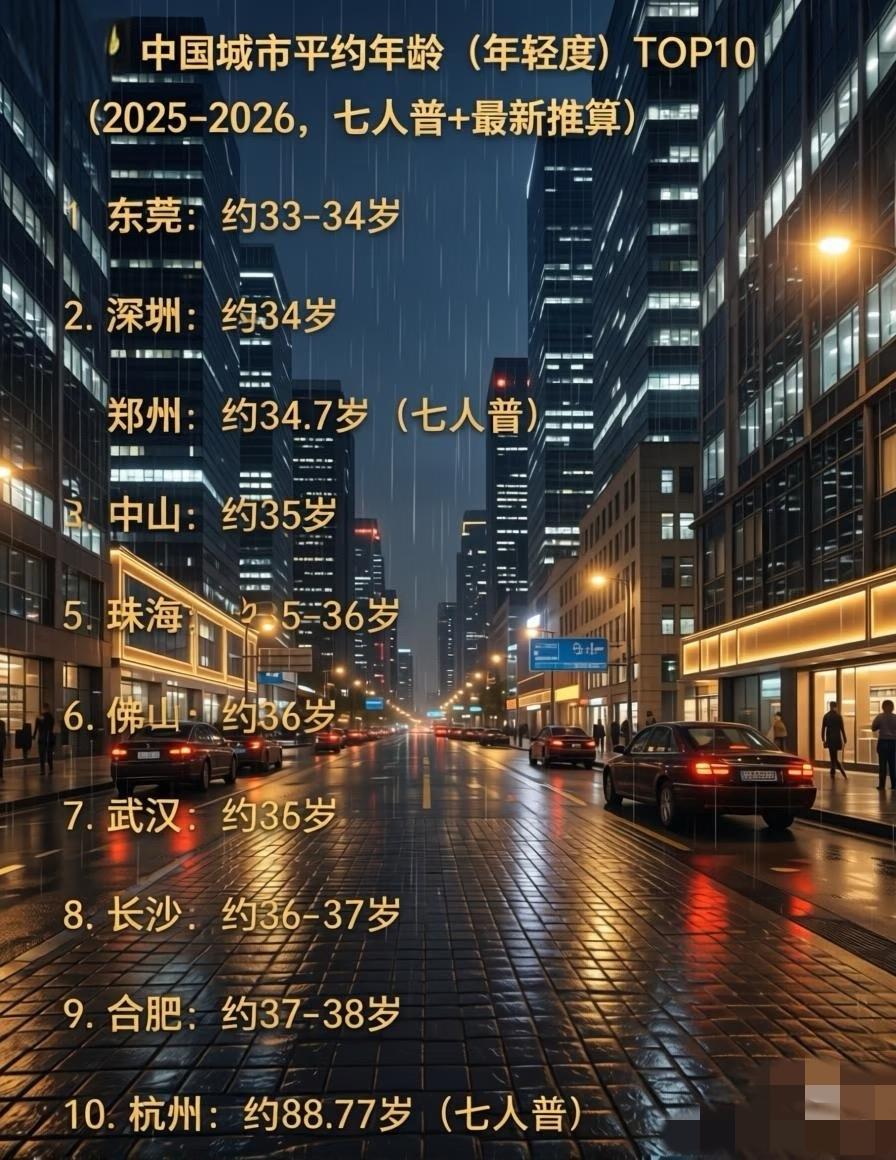 中国城市平均年龄排行榜，猜猜谁最年轻一、中国城市平均年龄（年轻度）TOP10（