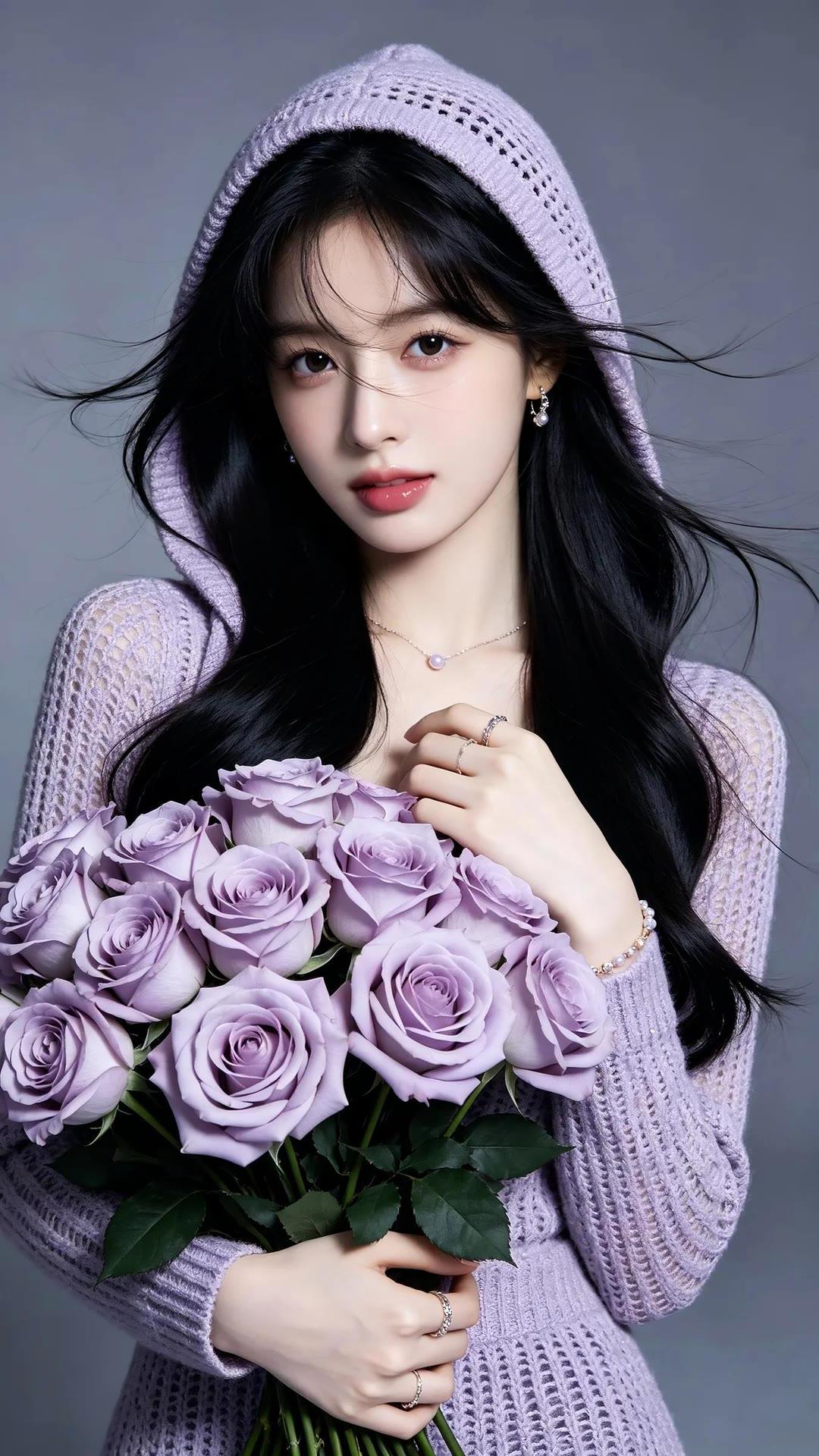 紫衣少女捧花束，轻纱遮面似仙子。