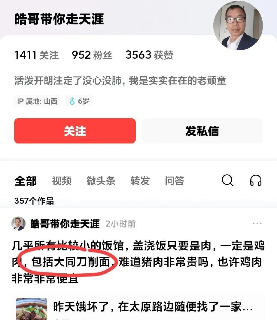 你来过大同吗？你吃过吗？竟然说大同刀削面的猪肉臊子是用鸡肉做的。一看你这个戴眼