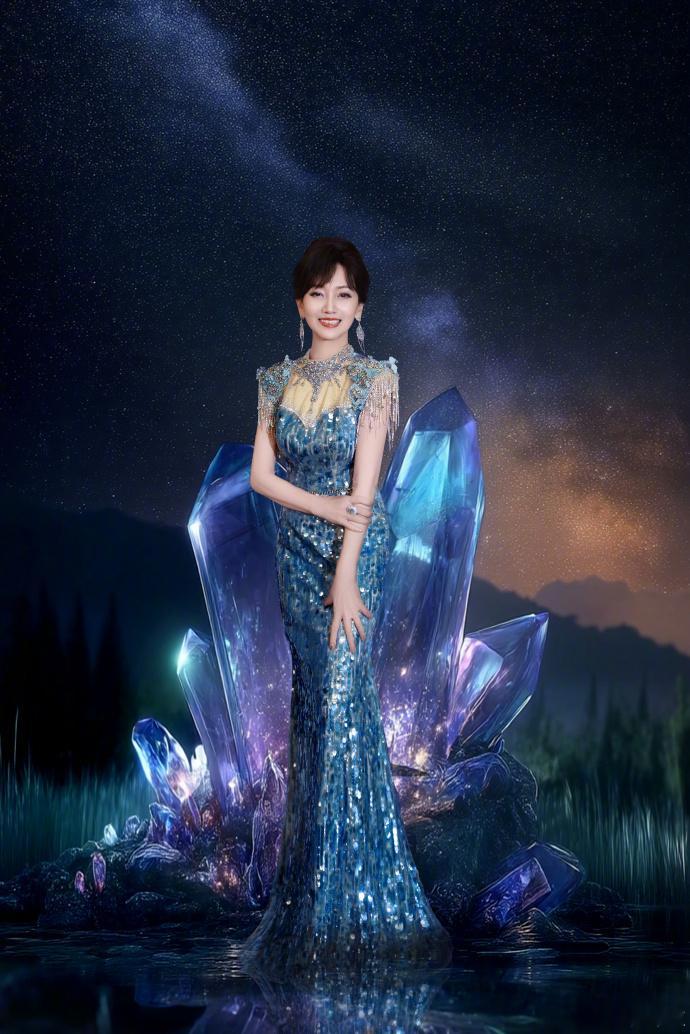 赵雅芝蓝色如星空大海广阔无边【赵雅芝蓝色礼服绝美】7月23日，分享六宫格照片，并