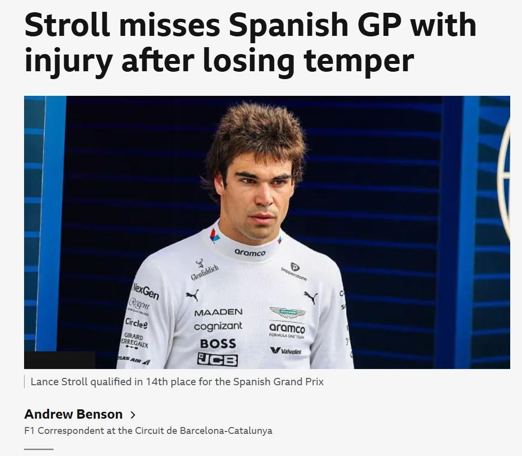 F1上周末BBC在斯托尔因伤缺席F1西班牙站正赛的报道中写道：阿斯顿·马丁车手