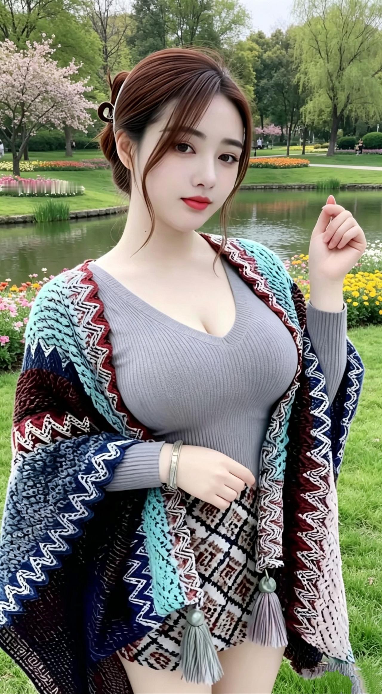 《春日披肩》湖畔的风，还带着料峭的软，你披一身斑斓，站进这春的画卷。灰