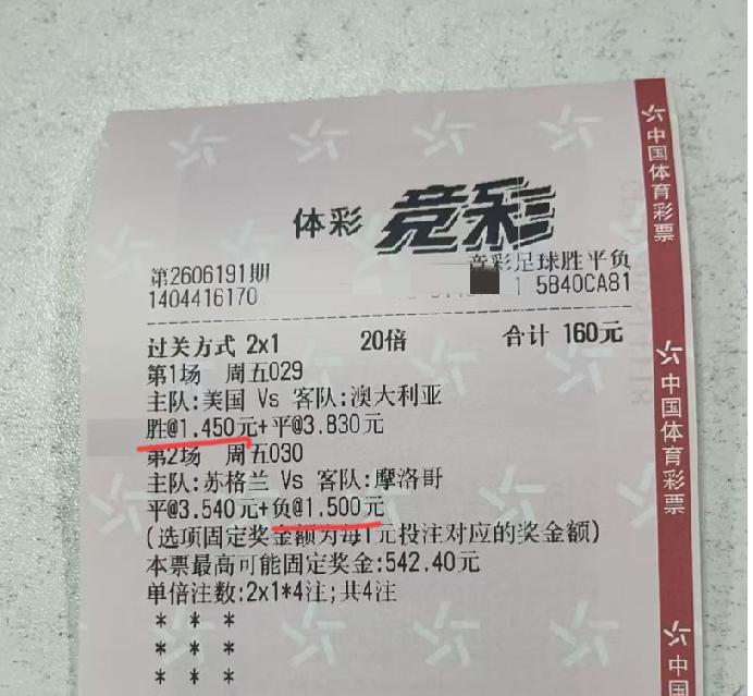 谁能告诉我，下面这张彩票中，如果中了划红线的这两个结果，这张彩票是亏还是赚？个