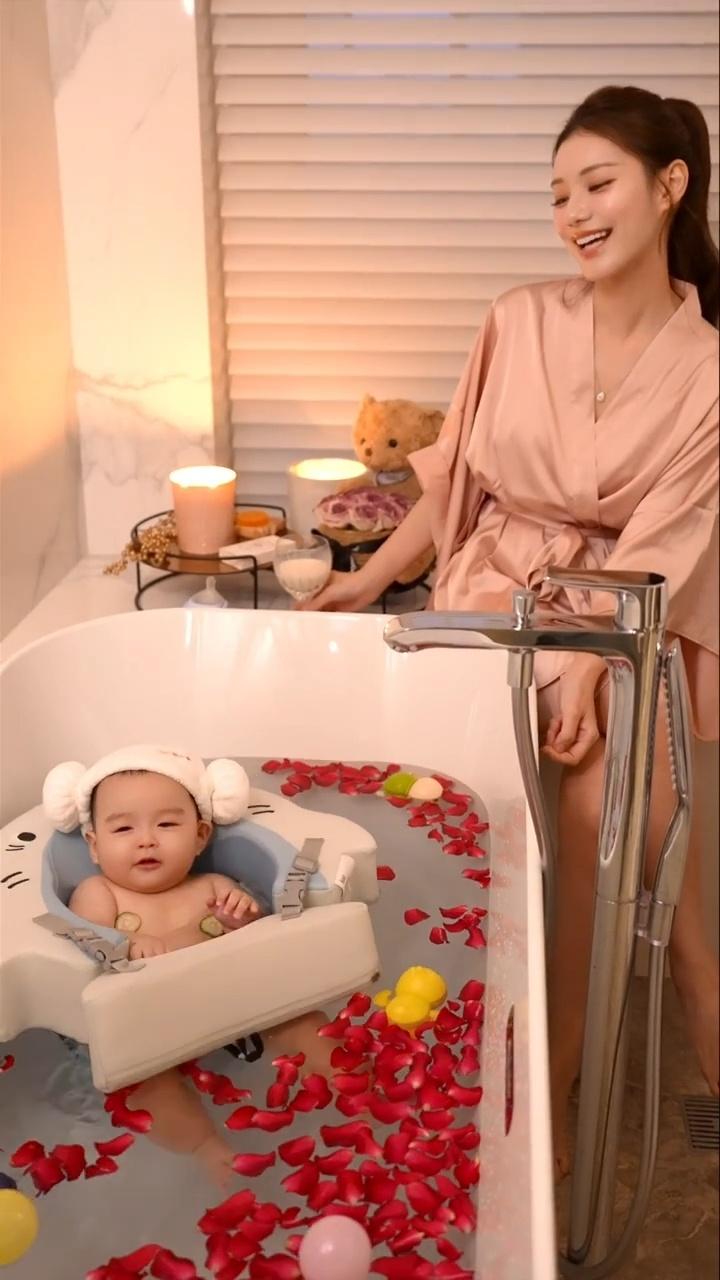 马筱梅晒和儿子合照。她儿子在洗澡，看上去很可爱。而她穿着睡衣坐旁边，满脸笑容的看