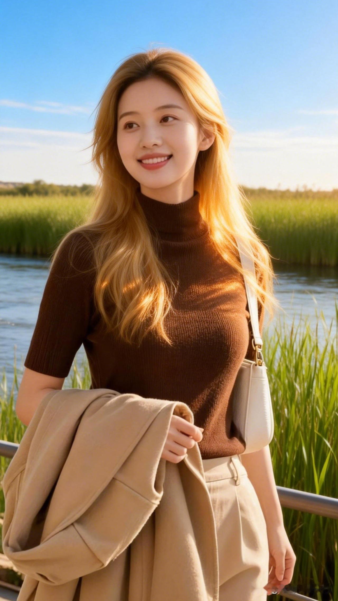 阳光下的甜美笑容，自然与时尚的完美结合。田园生活照