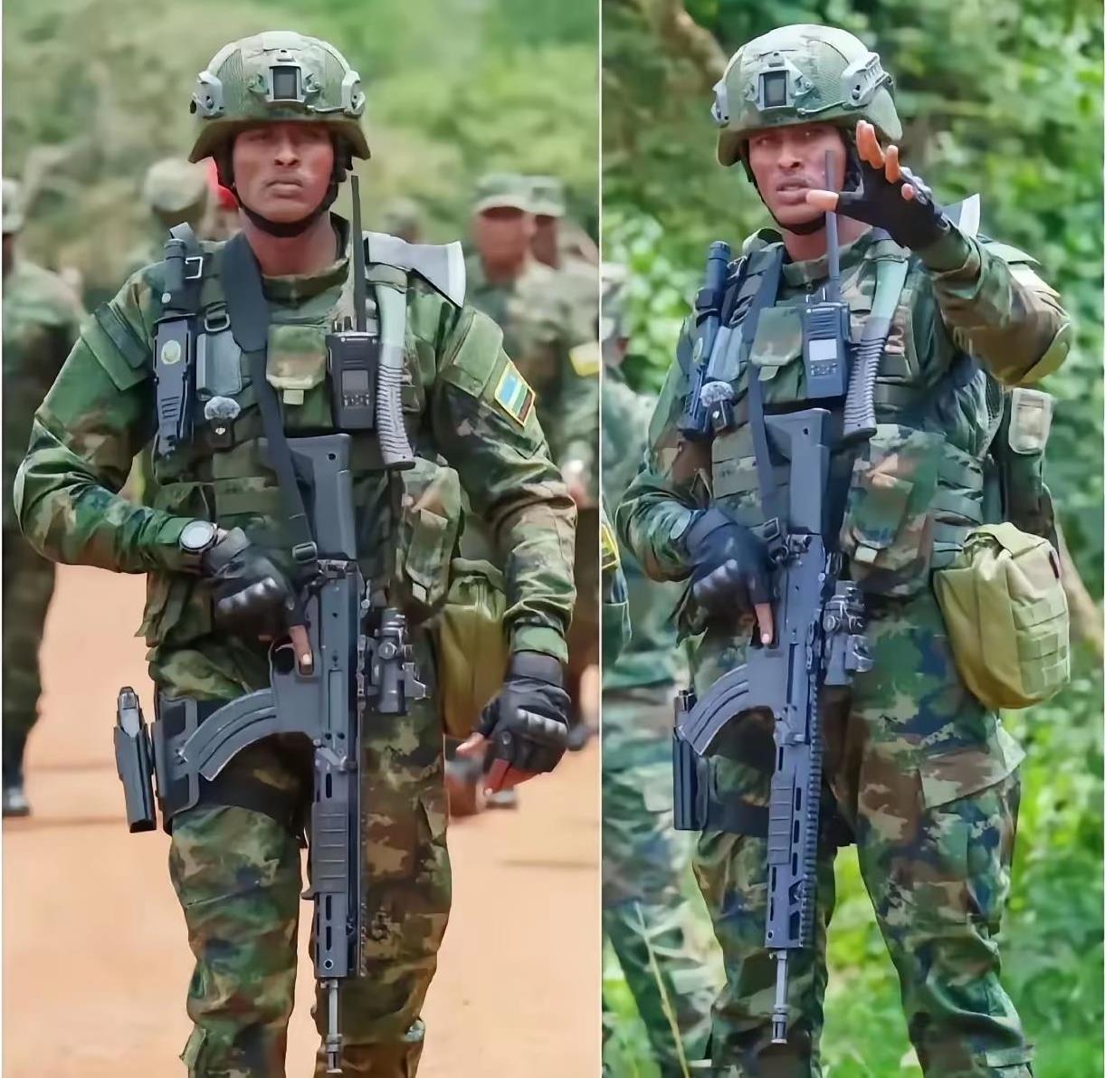 这是卢旺达一线部队的装备，看起来是不是很熟悉，钢盔、冲锋枪和对讲机都很正常，但左