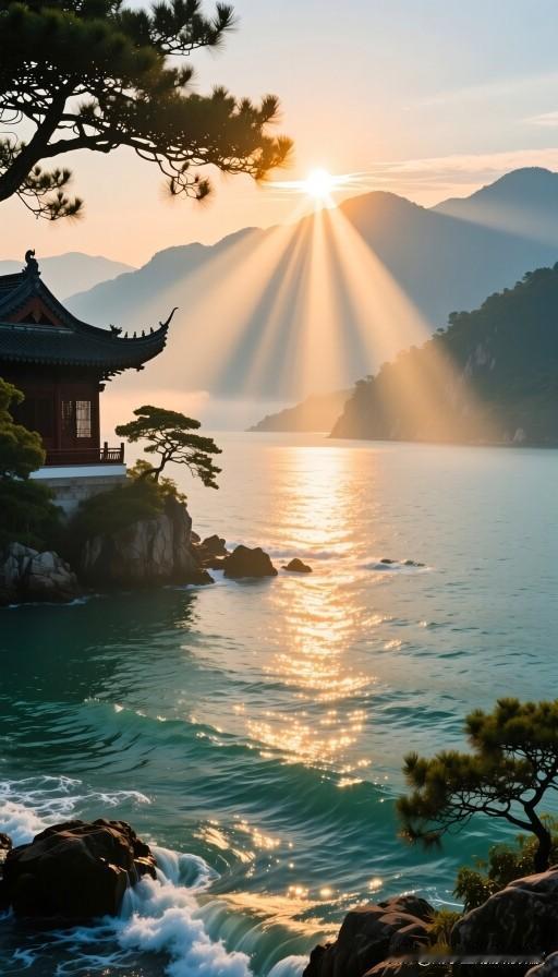 上联：遥望青山云雾绕下联：瑞映碧海日光辉横批：山海祥云