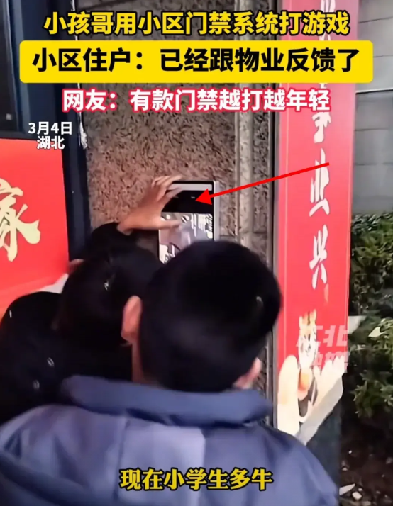 小学生用门禁打游戏，惊呆住户！近日，湖北一小区业主下班接娃回来，发现有三个小