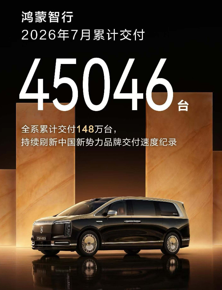 鸿蒙智行7月份卖了45046台，同比-5.67%，环比-11.02%。行业预估