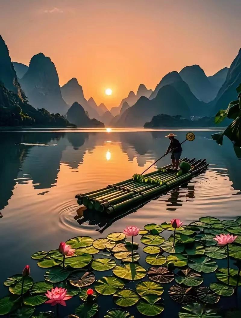 日暮临波炫彩融，蜻蜓悄吻醉荷红。渔翁渐隐烟霞处，水天一色雾霭中。