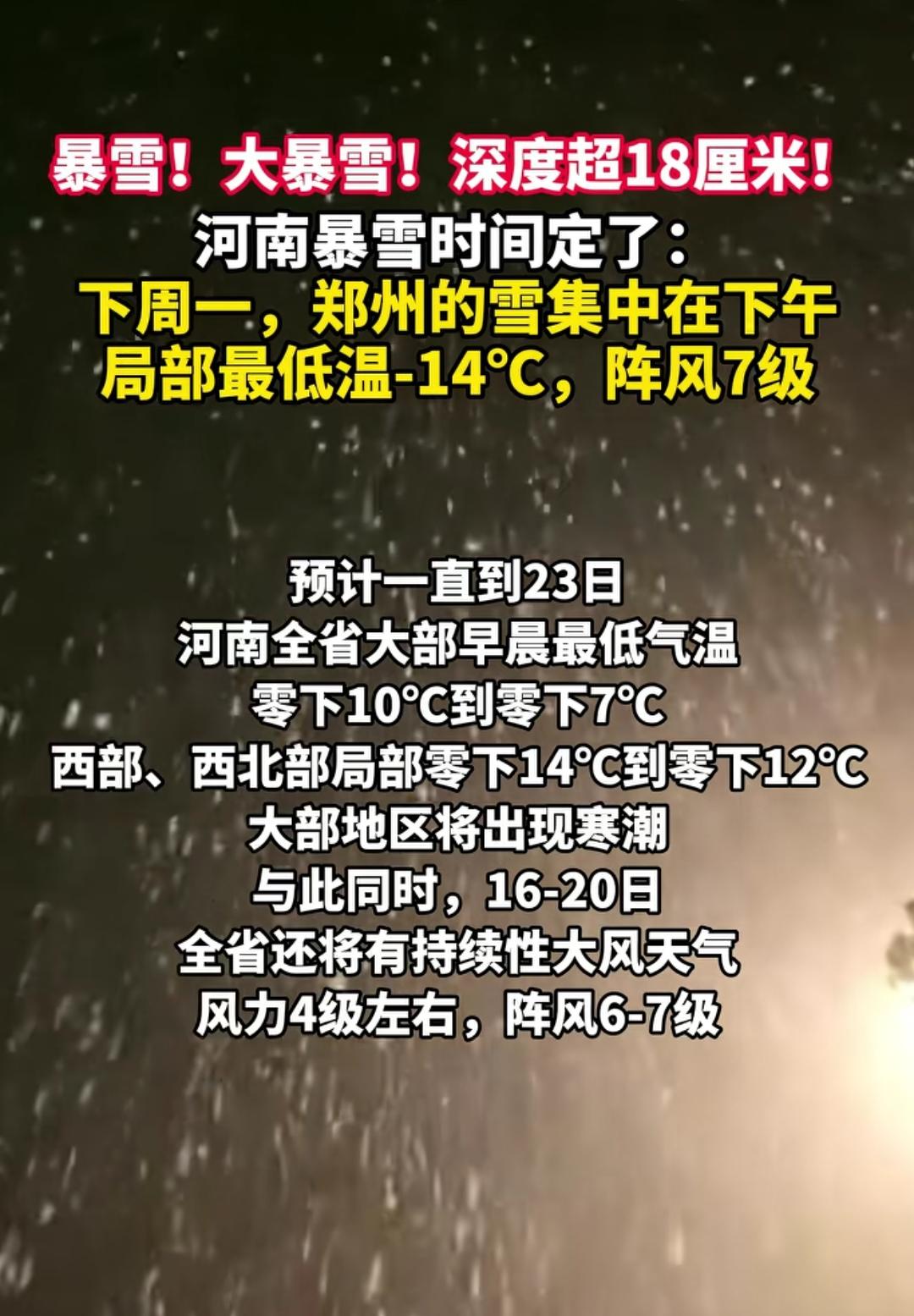 河南下周将下暴雪，温度更是降的吓人，零下十几度。这个温度，前两天我还在关注，还
