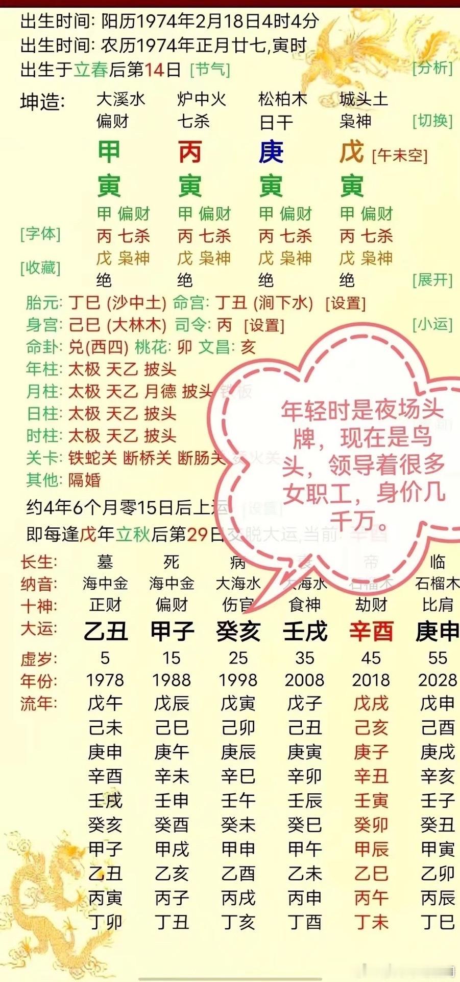 假从财（杀）格局命例坤造：甲寅　丙寅　庚寅　戊寅（四柱全寅）日干庚金。先排清楚原