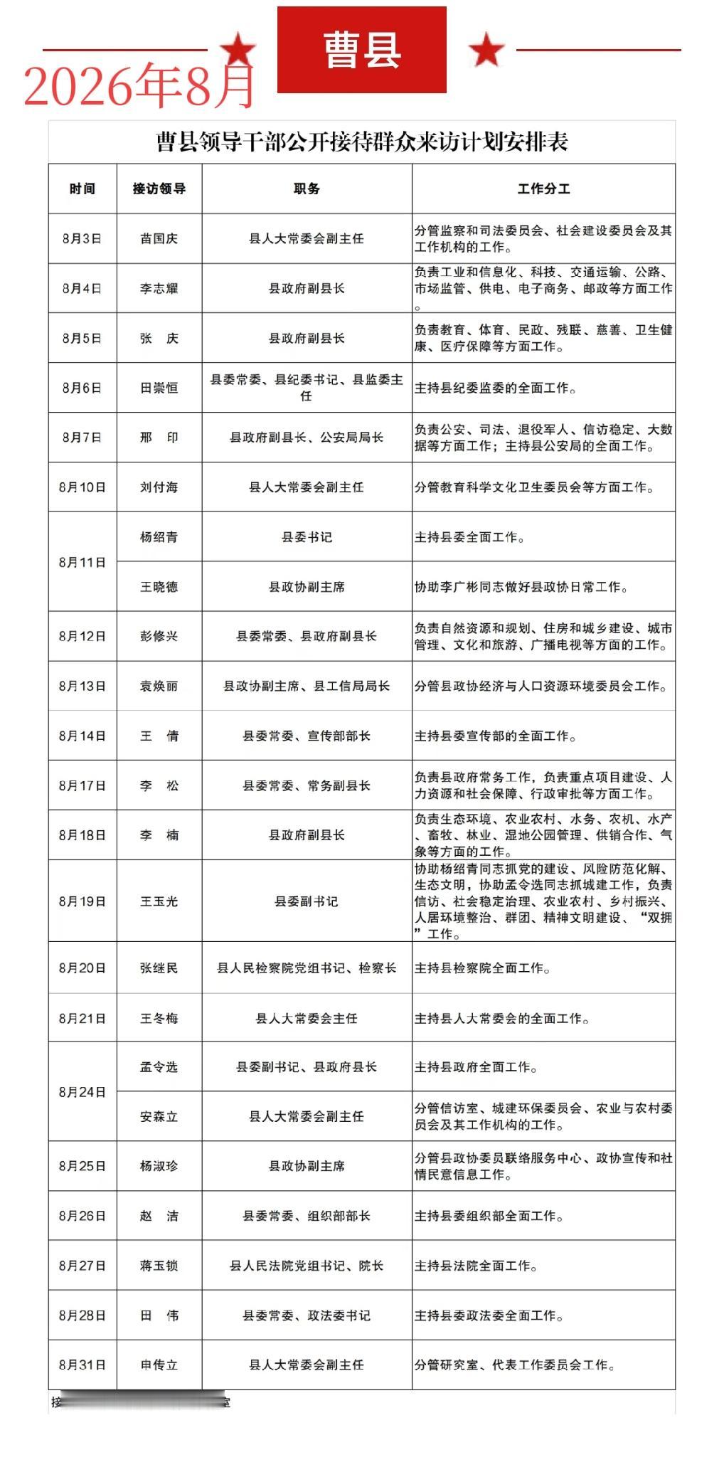 2026年8月曹县领导干部公开接访安排出来了接访领导干部有县委书记、副书记、