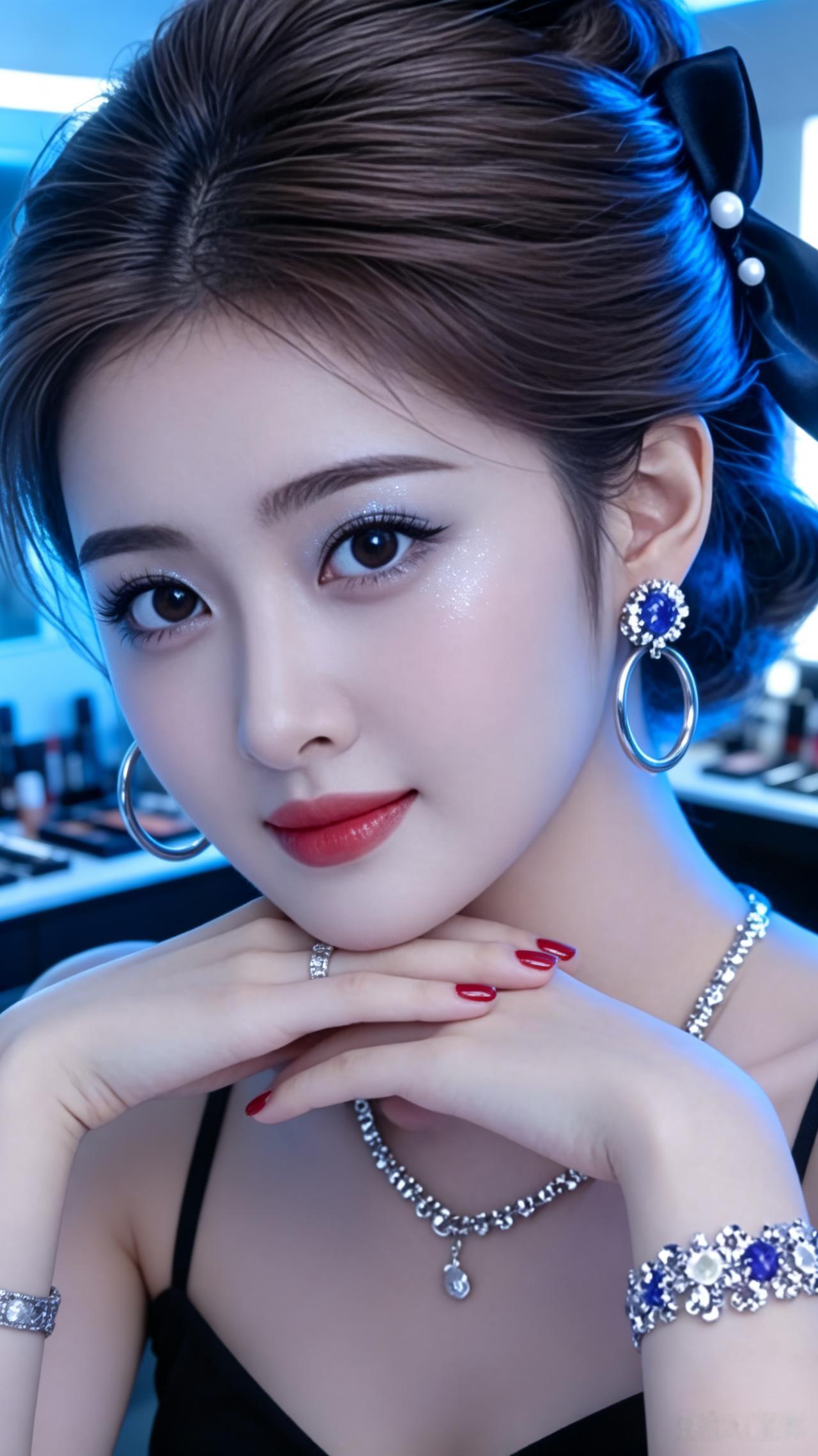佳人雅韵云鬟玉绾韵妆稠，冷目流彩黛影柔。朱唇凝露泛光润，银饰绕身雅气浮。黑