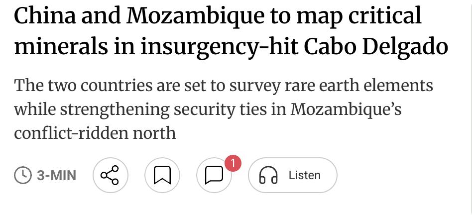 外媒：中国与莫桑比克签署矿产与安全合作协议，计划在该国北部受伊斯兰叛乱困扰的德尔