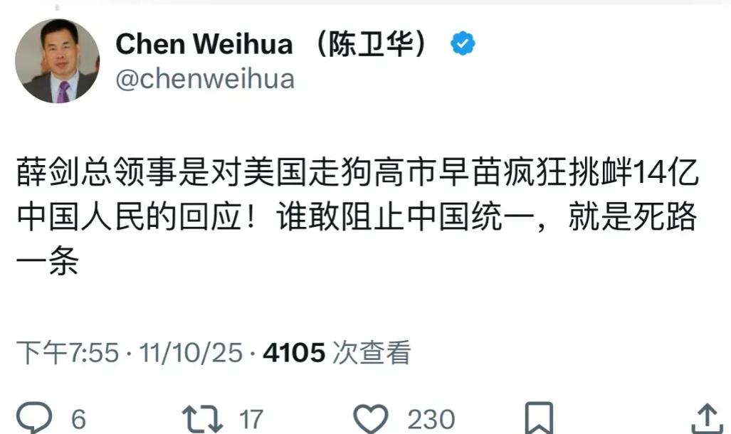 “斩首”说继续引爆，这回合出手的是中国日报欧盟分社社长陈卫华，“薛剑总领事是对美