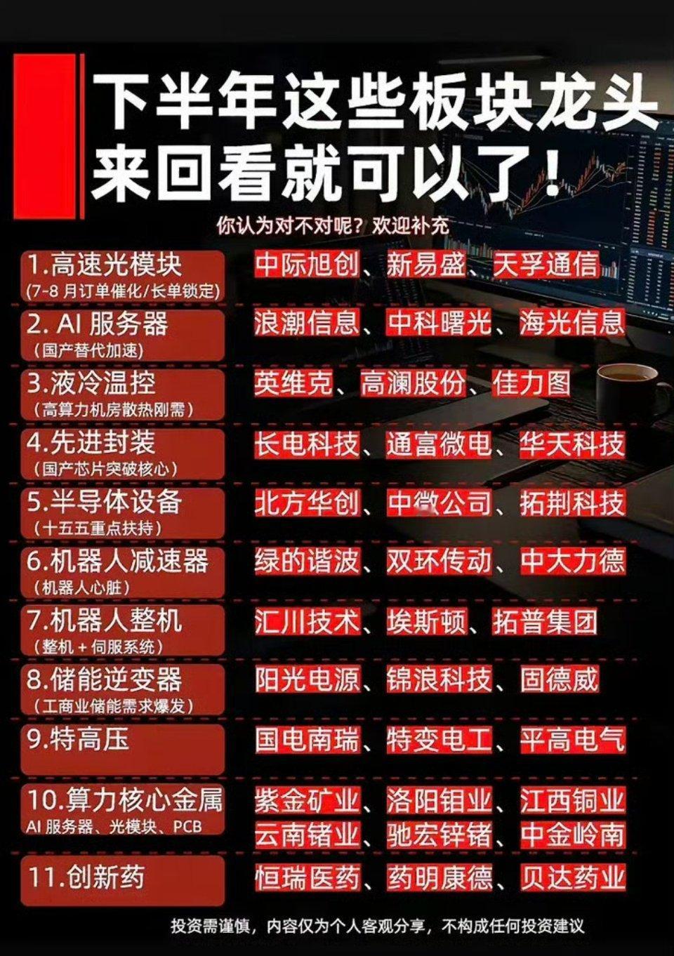 下半年投资指南：11大板块龙头股，快来收藏！下半年投资机会来了，给大家分享11大
