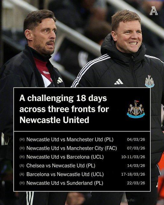 【死亡赛程】纽卡在欧冠淘汰赛遇上巴萨，于是他们的3月就成了名副其实的“死亡之月”