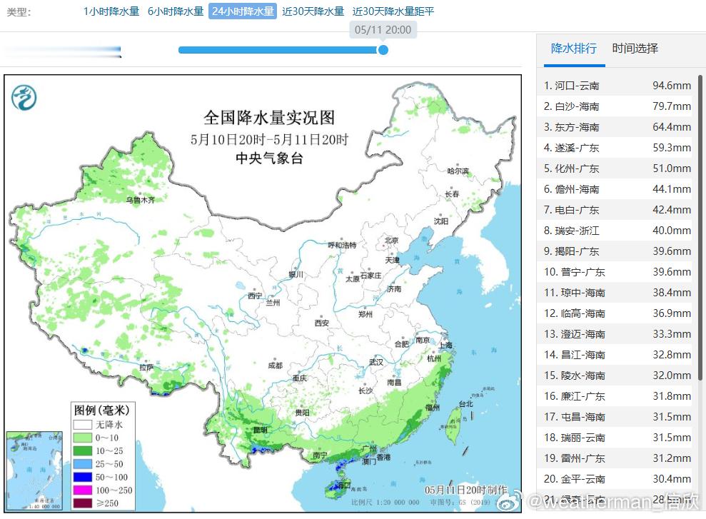 【降雨和干旱】今天南方的降雨总体在缩减，明天我国的降水依然不多，主要在西南。不过