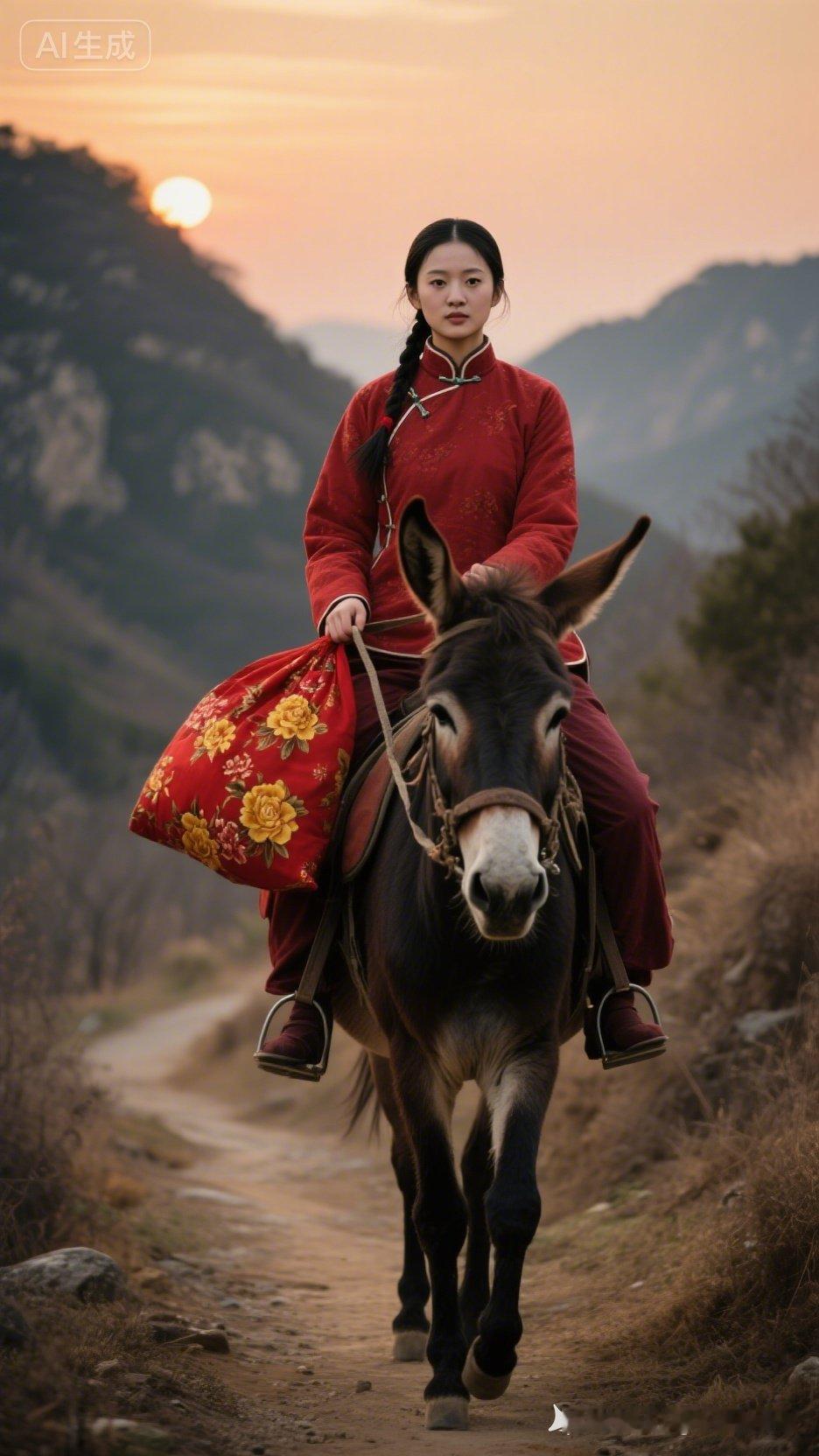 乡村美女骑着毛驴从沂蒙山小路走来，她美丽端庄，双眸温柔的正视前方，手挎红底黄花包