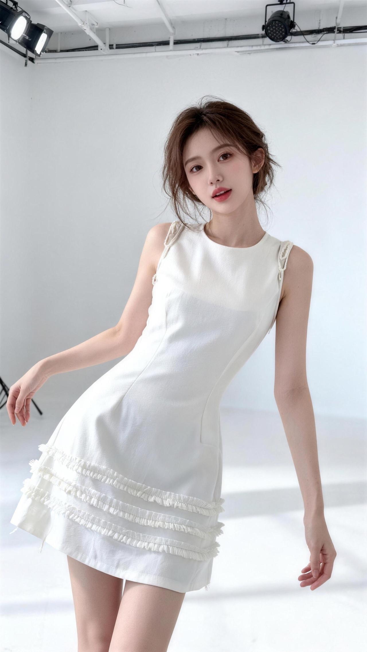 无袖收腰白色连衣裙白色无袖连衣裙白色裙装造型白色裙摆连衣裙纯白色无袖连衣