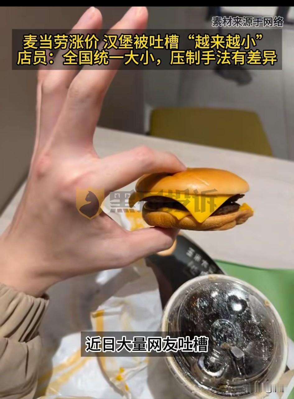 麦当劳涨价了，它的汉堡被吐槽越来越小，很多网友反馈给了黑猫投诉，一个23元