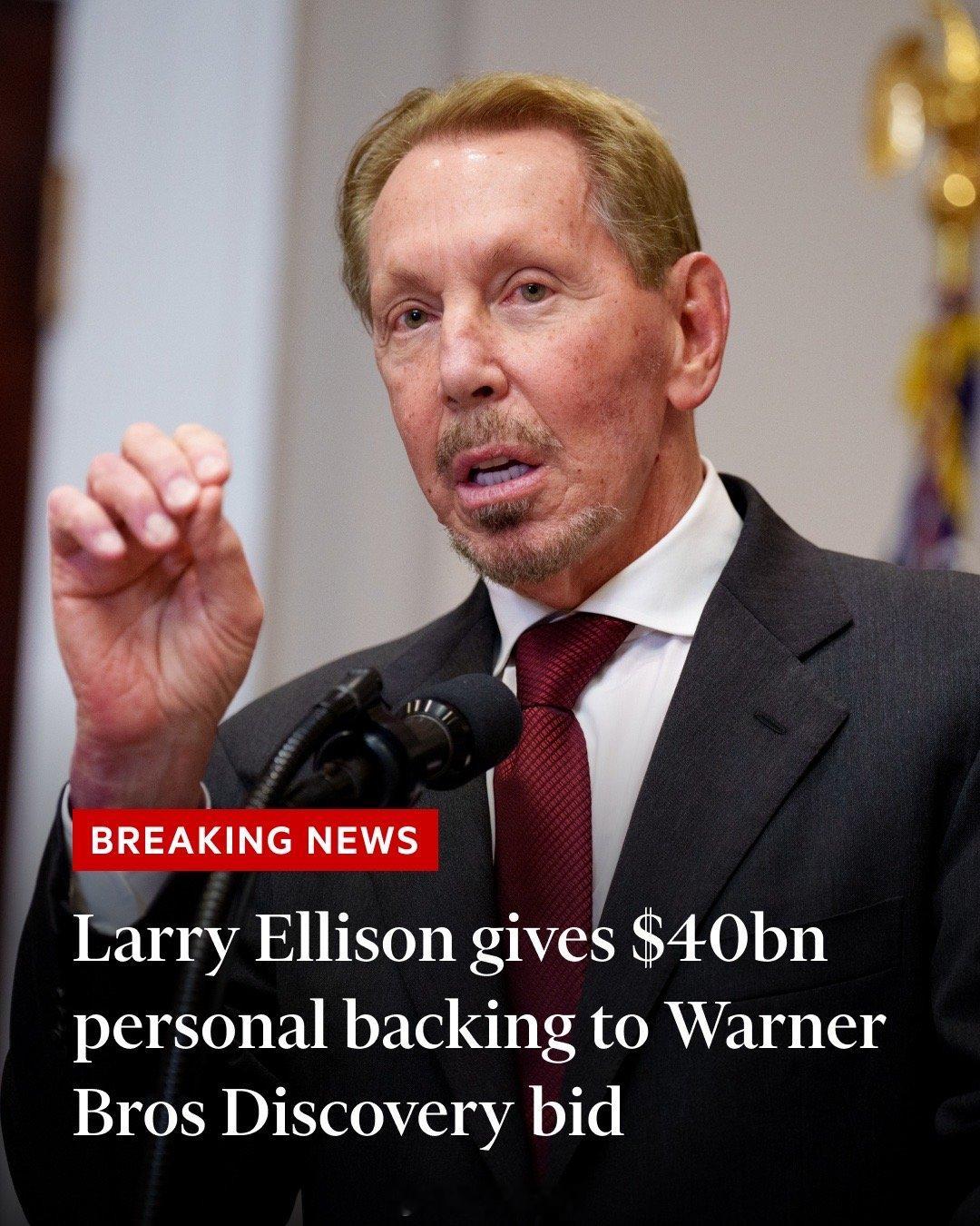 甲骨文创始人、执行董事长拉里埃里森宣布自己会提供400亿美元，支持独子大卫埃里森