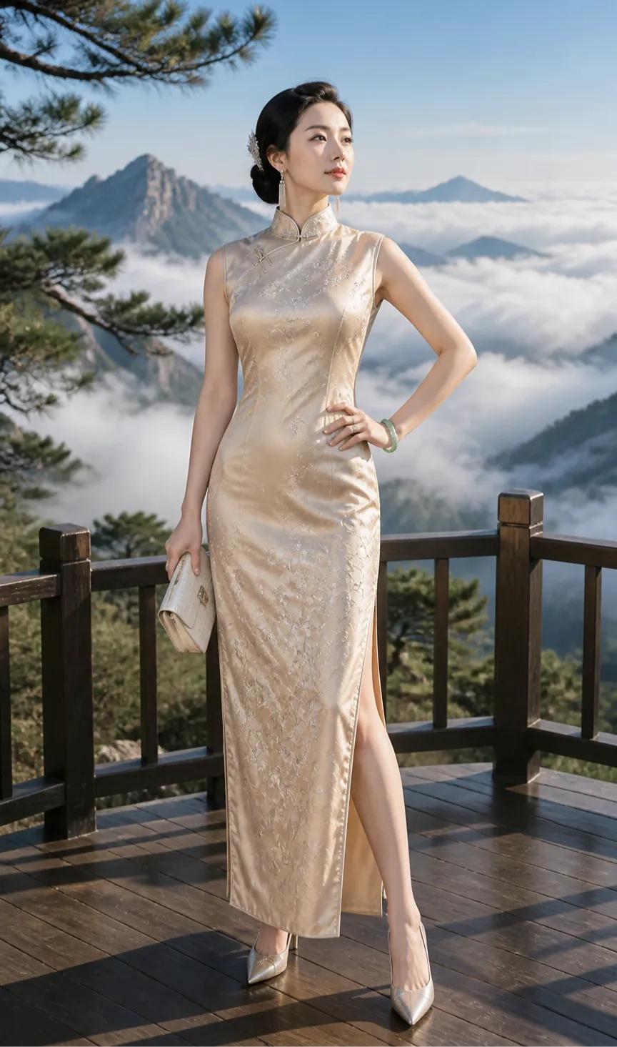 香槟金缎面紧贴着曼妙身姿，暗纹刺绣在晨光下泛着柔润光泽。高开衩处，步履轻移间，修