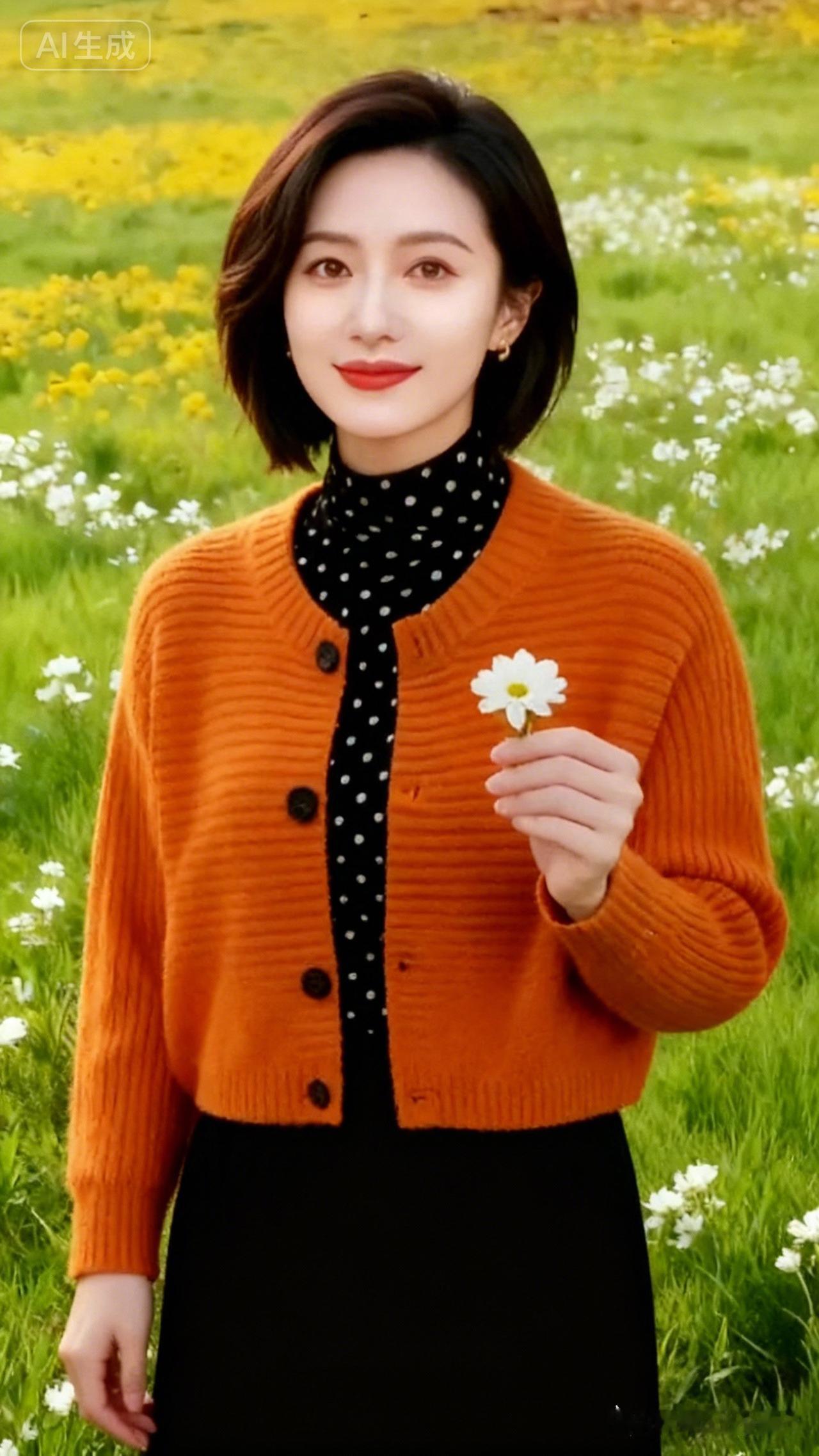 穿橙色毛衣的女士在花田里微笑。