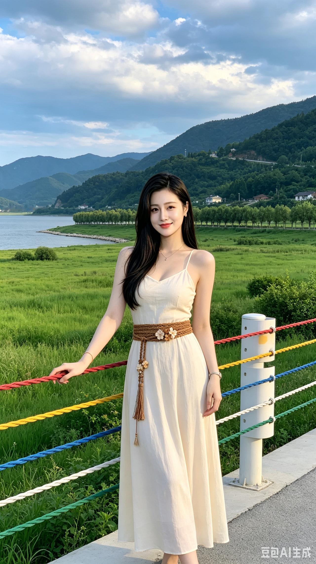 这位小姐姐在风景优美的地方拍照。