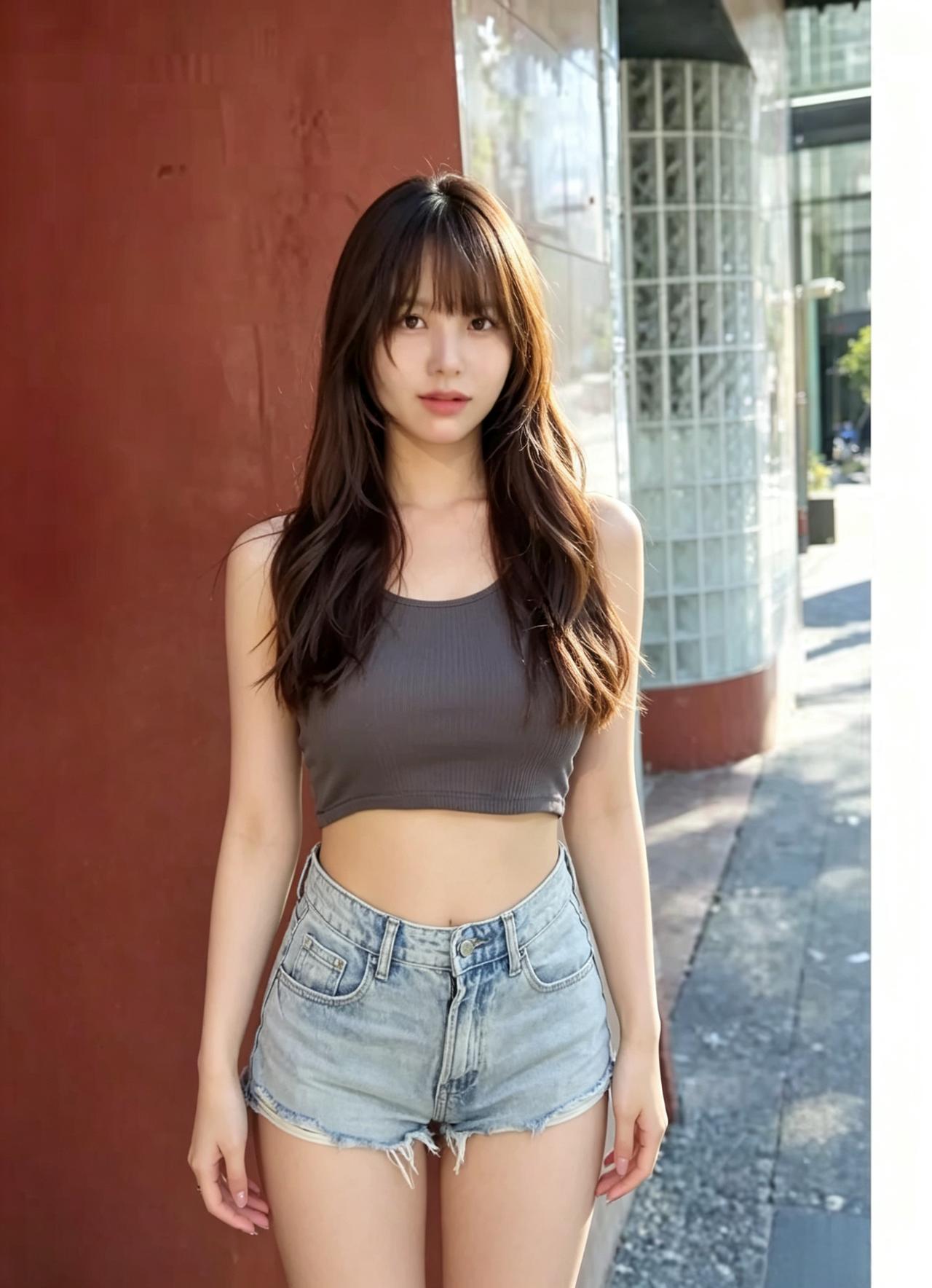 长卷发落玉肩柔，短款轻衣衬细腰。日晒街边光影里，青春肆意自妖娆。