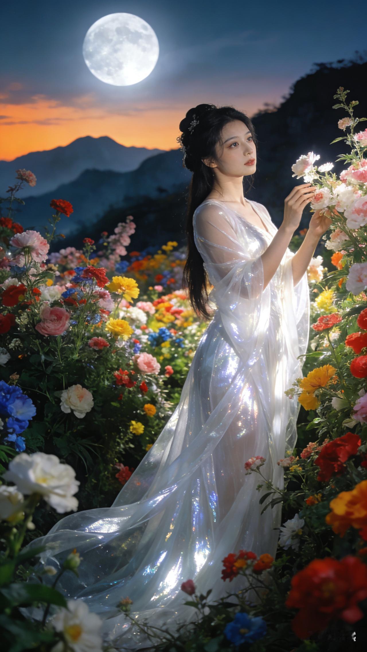 古风写真里，绰约白衣薄纱女子立于繁花间，宛若花仙，指尖轻触花枝，眼波妩媚。远山夕