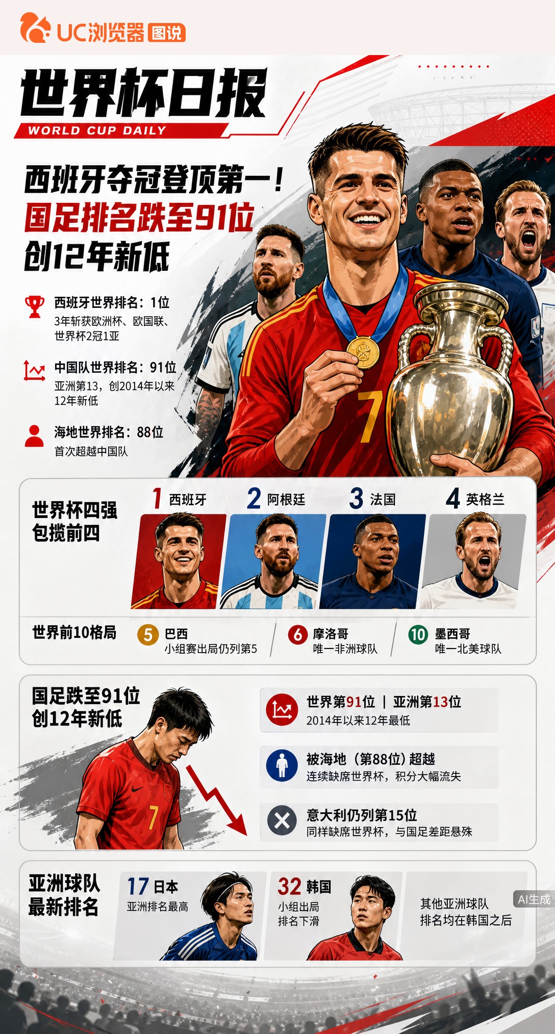西班牙夺冠登顶第一！国足排名跌至91位创12年新低