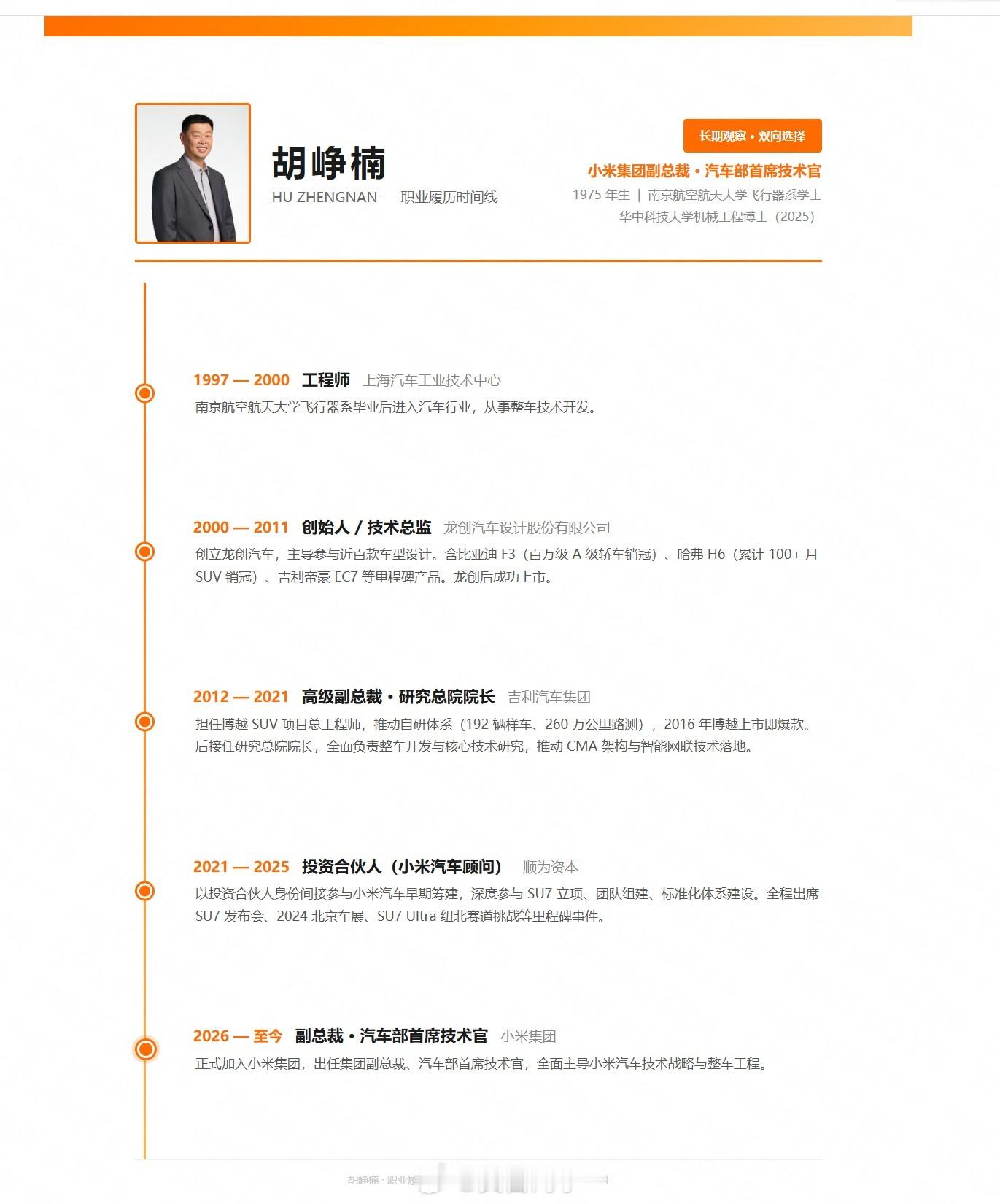 恭喜胡总！出任小米集团副总裁、汽车部首席技术官。我让小米Mimo🦞帮我