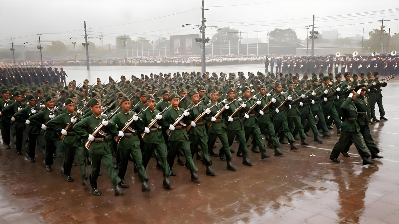 1956年国庆阅兵式上，解放军官兵冒雨经过天安门广场。天空中雨丝飘落，地面被雨水