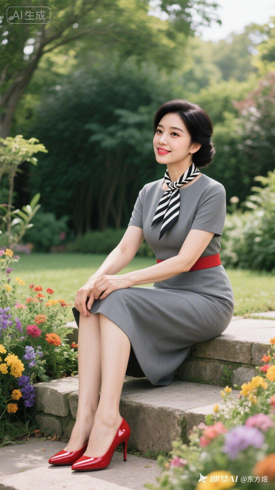 优雅复古风，红唇黑发，花丛中的时尚女郎。