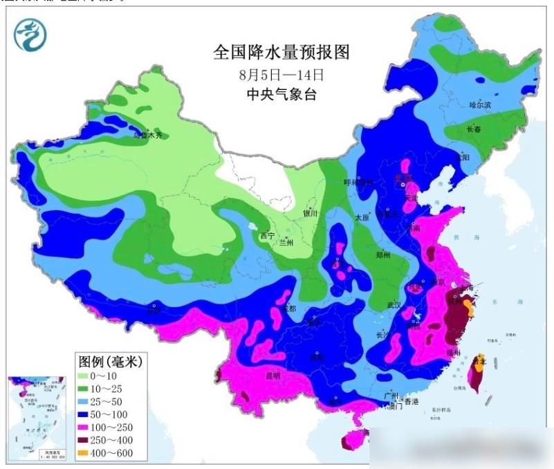 根据最新数值来看预计未来十天（8月5日-14日）降水位置明显调出“东多西少”趋