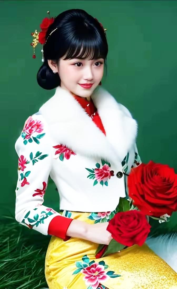 这位美女手捧红玫瑰，真漂亮！