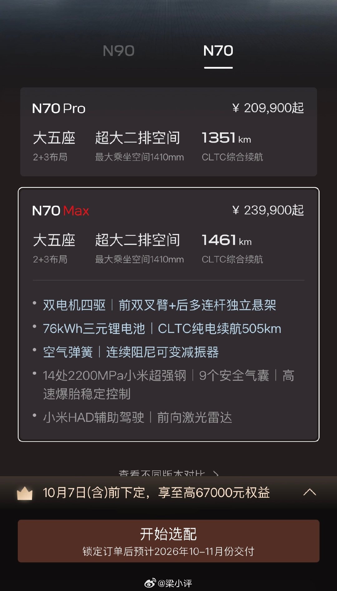 刚看了一下小米汽车官方，定制新车这块，现在下定澎程锁单后，预计交付时间N90Max（七座）：2026