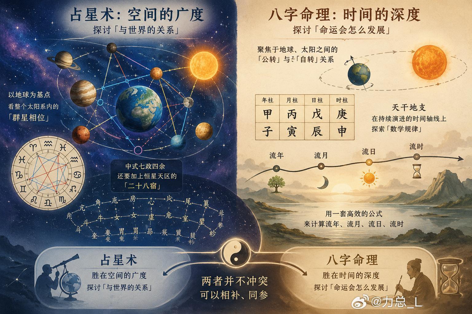 占星术与八字命理的研究对象不同。占星以地球为基点，看整个太阳系内的「群星相位」，