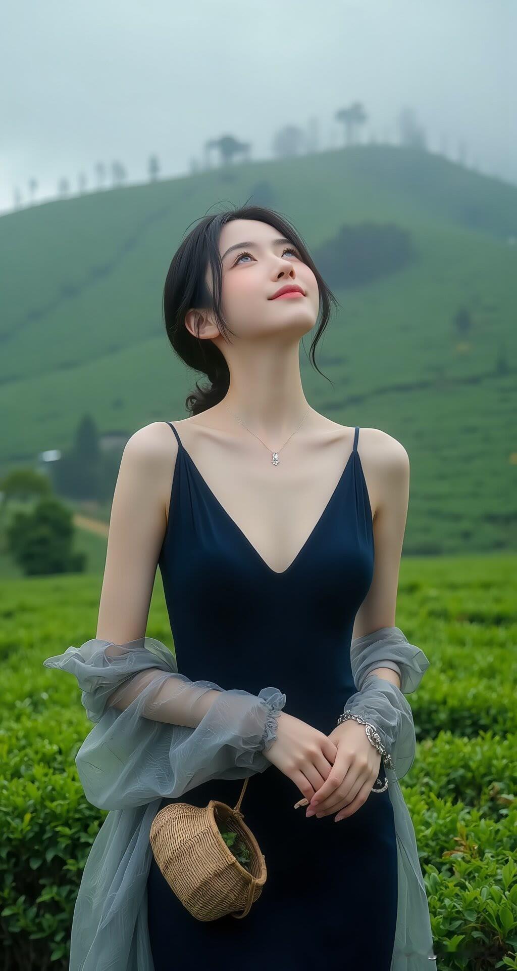 漫步绿野，蓝裙摇曳，时光在茶香中温柔停靠。美女人像群高清美女