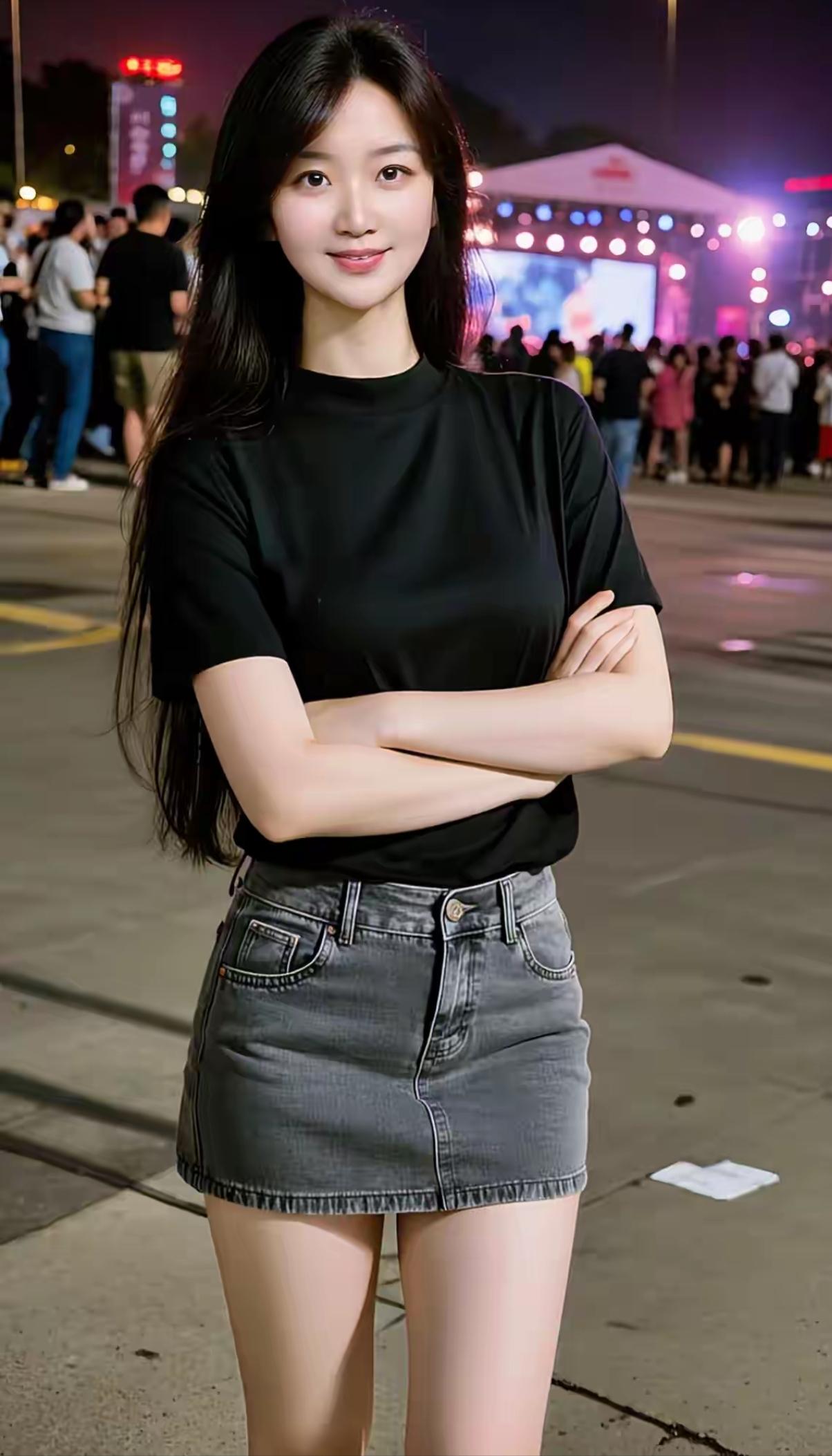 夜市里的简约穿搭✨晚上逛夜市，穿着舒适好看是关键。我挑了件黑色短袖，简约耐脏